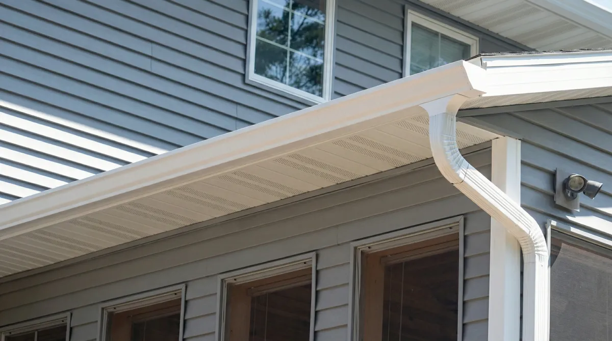 Professional home remodeling project showing newly installed white seamless gutters and downspouts on a house with gray siding in Evansville, IN