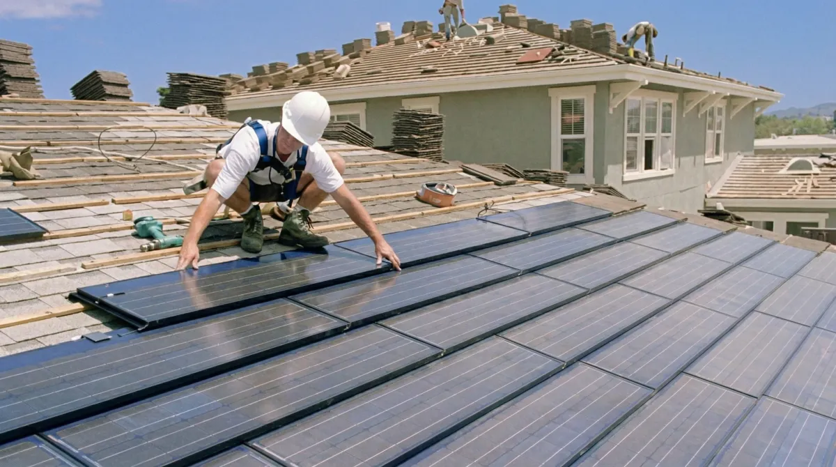 Roof replacement expert installing modern solar shingles on a residential home in Evansville, IN