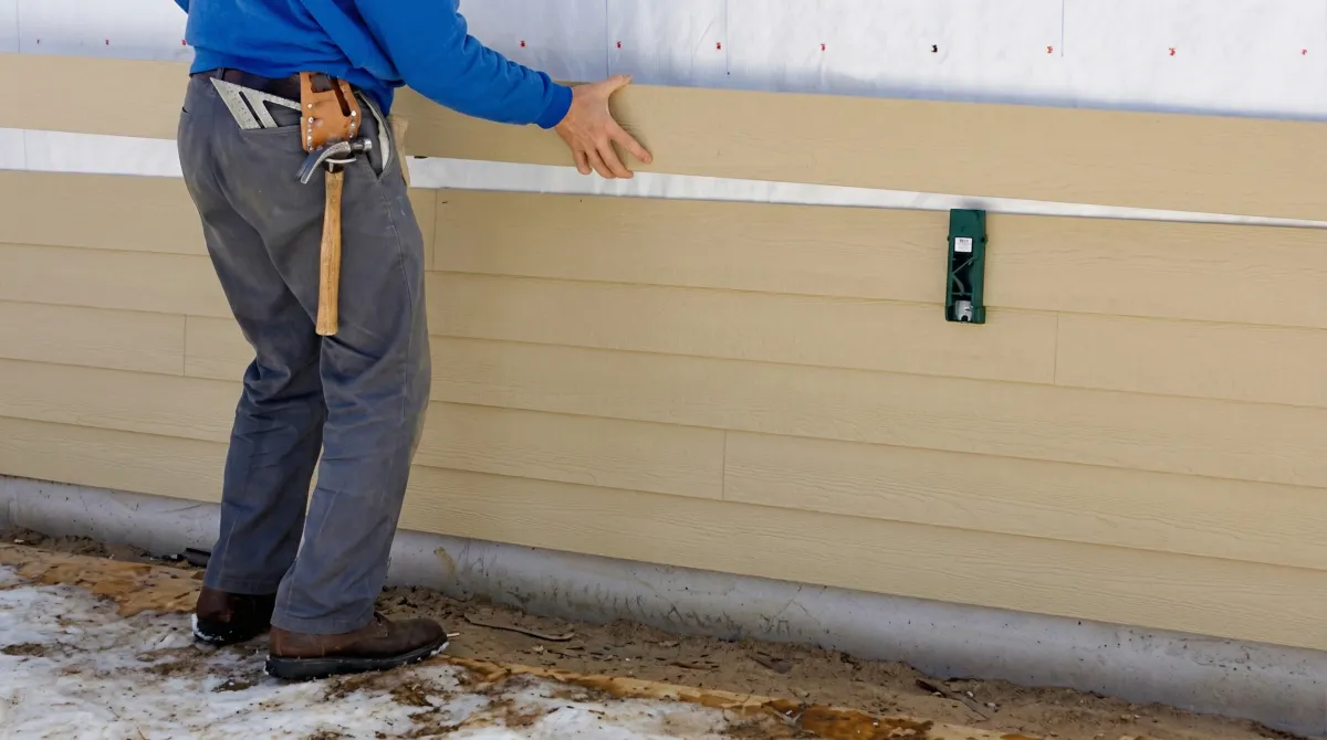 Siding replacement expert carefully aligning a new tan siding panel onto a residential exterior wall in Evansville, IN