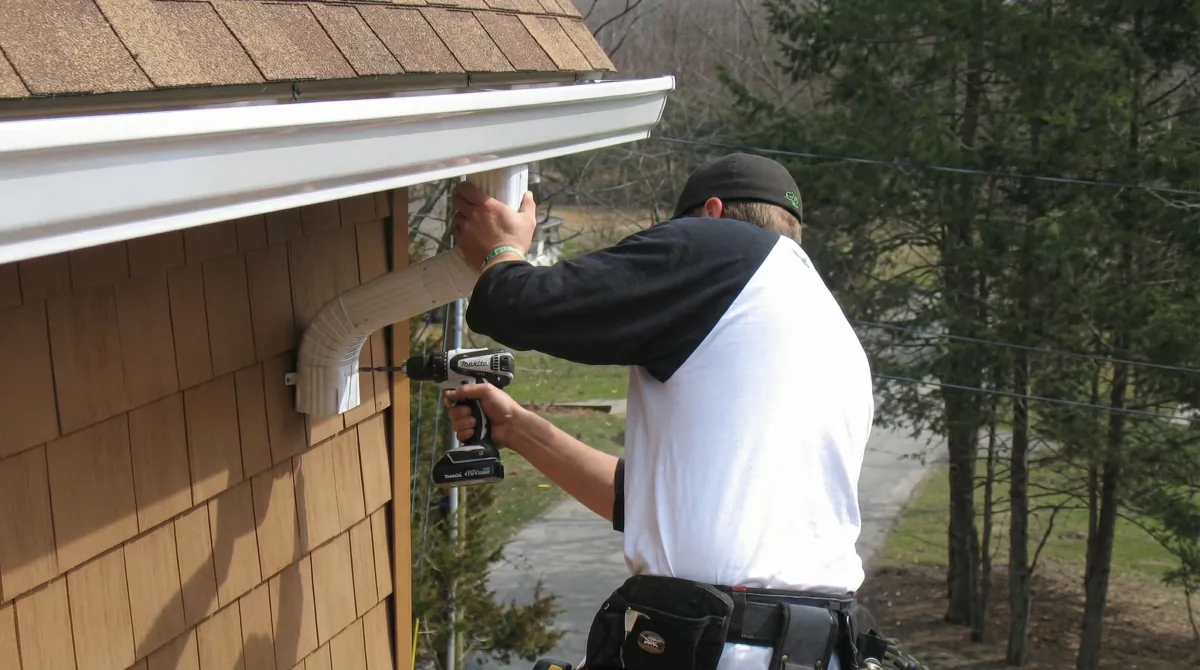 Professional contractor installing tan vinyl siding panels on a residential home exterior in Evansville, IN