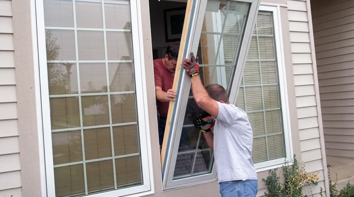 Professional home remodeling team installing a large replacement window on a house with tan siding in Evansville, IN